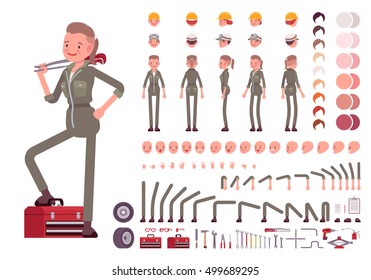 Female mechanic character creation set. Full length, different views, emotions, gestures, isolated against white background. Build your own design. Vector illustration