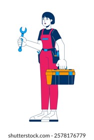 Female mechanic holding wrench and toolbox cartoon flat illustration. Repairwoman handywoman. Workshop occupation. Plumber woman asian 2D character isolated on white background. Vector colorful image