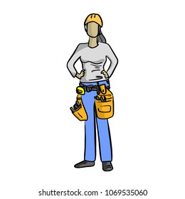 female mechanic or plumber handyman vector illustration sketch hand drawn with black lines isolated on white background