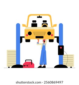 Female Mechanic Repairing Yellow Car On Hydraulic Lift In Flat Vector Illustration Symbolizing Maintenance, Repairs, And Auto Service, Isolated On White Background.