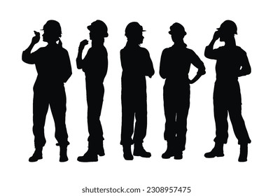 Female mechanic standing in different position silhouette set vector. Modern mechanic girls with anonymous faces silhouette. Woman mechanics wearing uniforms. Mechanic silhouette on white background.