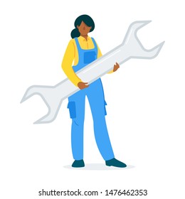 Female mechanic, technician cartoon character concept. Lady in overalls holding big metal wrench flat vector illustration. Car specialist, repairwoman in uniform. Equality, acceptance in workplace