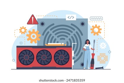 Female mechanic. Woman in overalls holds screwdriver in hands, girls power, repair, service, engineer character, gears and mechanisms, cartoon flat style isolated nowaday vector concept