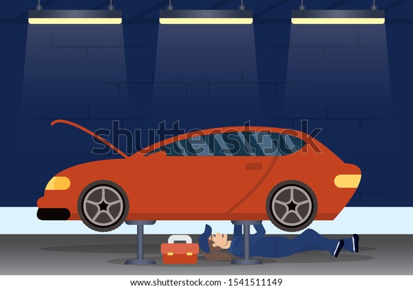 female mechanic working in car character vector\
illustration design