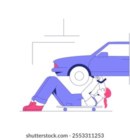 Mecânica Feminina Trabalhando Sob O Carro Em Garagem Em Ilustração De Vetor Plano Simbolizando Reparação Automotiva E Habilidades Profissionais, Isolada Em Fundo Branco