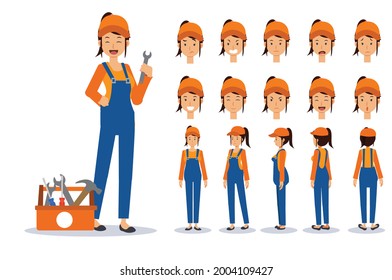 Female mechanic,repairer in various views, Cartoon style.Flat Vector Character illustration