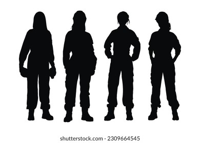 Female mechanics wearing uniforms silhouette set vector. Modern female mechanics with anonymous faces on a white background. Girl workers standing in different positions silhouette collection.