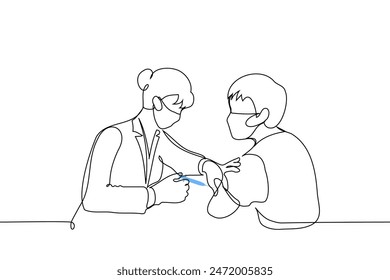 female medic giving a vaccination in the shoulder to a man - one line art vector. concept of women in medicine, vaccination for men. Handmade vector not AI