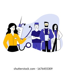 Female medical administrator and her team standing confidently. Medical staff standing flat vector illustration. Health care, medical services concept for banner, website design or landing web page
