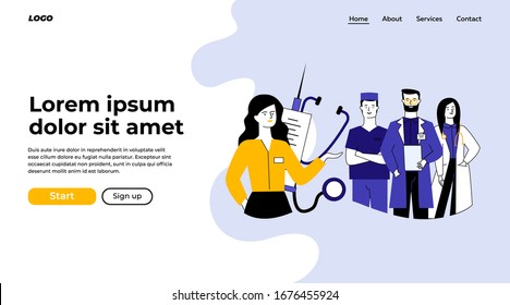 Female medical administrator and her team standing confidently. Medical staff standing flat vector illustration. Health care, medical services concept for banner, website design or landing web page