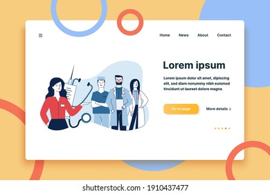 Female Medical Administrator And Her Team Standing Confidently. Medical Staff Standing Flat Vector Illustration. Health Care, Medical Services Concept For Banner, Website Design Or Landing Web Page