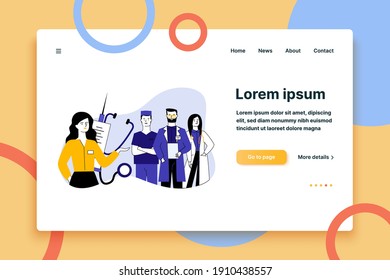 Female medical administrator and her team standing confidently. Medical staff standing flat vector illustration. Health care, medical services concept for banner, website design or landing web page
