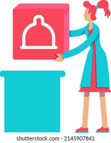 Female medical assistant with big red button semi flat color vector character. Standing figure. Full body person on white. Simple cartoon style illustration for web graphic design and animation