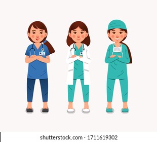 female medical character as doctor and nurse wearing different cloth and equipment flat vector illustration. used for avatar, character and other.