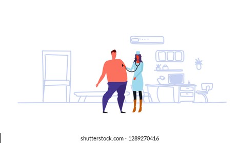 female medical doctor with stethoscope checking patient breath woman in uniform listening man in hospital medical office interior healthcare concept sketch doodle