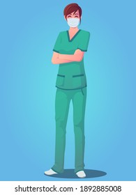 Female medical personnel wearing scrubs, standing with arms folded and wearing a mask Premium Vector