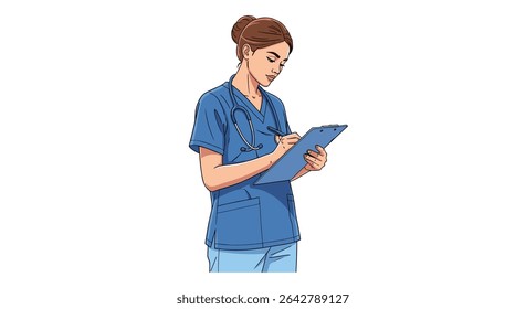 Female Medical Professional Taking Notes on a Clipboard With a Stethoscope Around Neck