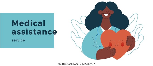 Female Medical Specialist Hold Red Heart on Abstract Background. Cardiology Concept. Modern Flat Vector Illustration. Website Banner. Social Media Template. Landing Page Design Website Banner.