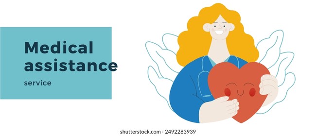 Female Medical Specialist Hold Red Heart on Abstract Background. Cardiology Concept. Modern Flat Vector Illustration. Website Banner. Social Media Template. Landing Page Design Website Banner.
