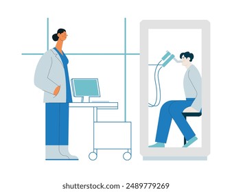 Female Medical Specialist and Male Patient Performs Whole Body Plethysmography in Medical Office or Laboratory. Modern Flat Vector Concept Illustration. Website Banner, Landing Page Design Template.