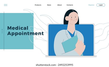 Female Medical Specialist on a Screen of Laptop. Modern Flat Vector Illustration. Medical Appointment Online Through Device Concept. Website Banner, Landing Page Template.