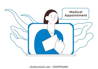 Female Medical Specialist on a Screen of Laptop. Black and White Modern Flat Vector Illustration. Medical Appointment Online Through Device Concept. Website Banner, Landing Page Template.