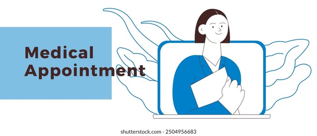Female Medical Specialist on a Screen of Laptop. Black and White Modern Flat Vector Illustration. Medical Appointment Online Through Device Concept. Website Banner, Landing Page Template.