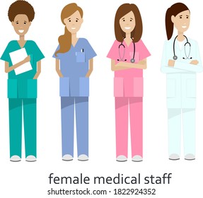 female medical staff. doctors and nurses in blue, green, pink and white uniforms. female doctor in a medical gown with a phonendoscope