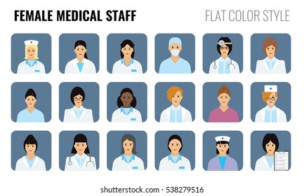 Female Medical staff - people icons. Set of Women doctor icons with flat color style design.