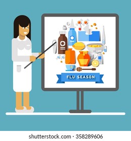 Female medical worker giving presentation on flu and cold season. Vector flat design on flu season preparation notice with pharmacist character talking about essential treatment items