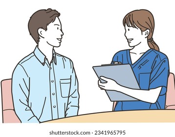 A female medical worker and a male patient having a conversation
