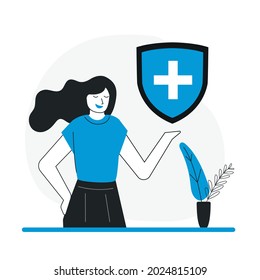 Female medical worker offers to take out safety insurance. Health and life insurance. Medicine protection of persons with insuran. Healthcare and medicine service. Change color. Vector illustration