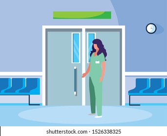 female medicine worker in elevator door vector illustration design