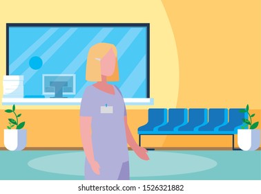 female medicine worker in hospital reception vector illustration design