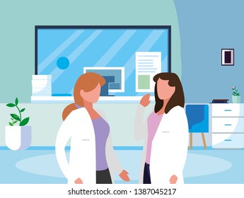 female medicine workers in clinic reception scene