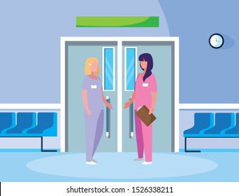 female medicine workers in elevator door vector illustration design