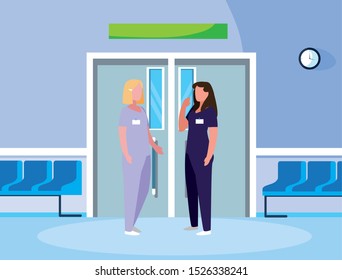 female medicine workers in elevator door vector illustration design