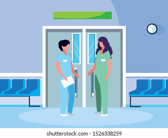 female medicine workers in elevator door vector illustration design