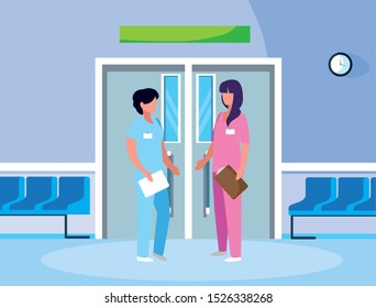 female medicine workers in elevator door vector illustration design