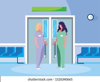 female medicine workers in elevator door vector illustration design