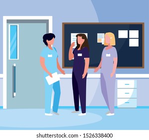 female medicine workers in hospital corridor vector illustration design