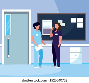 female medicine workers in hospital corridor vector illustration design