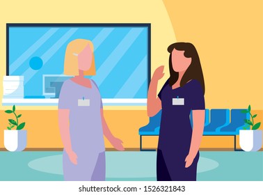 female medicine workers in hospital reception vector illustration design