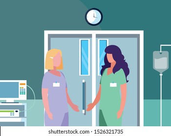 female medicine workers in operating theater vector illustration design