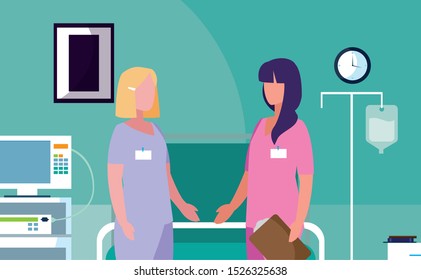 female medicine workers in operating theater vector illustration design