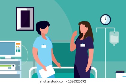 female medicine workers in operating theater vector illustration design