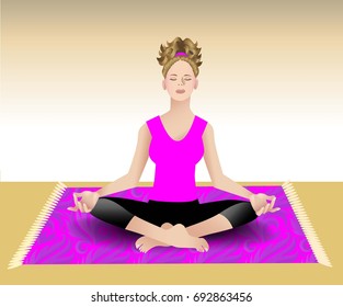 Female meditating in a seated pose on patterned rug 