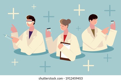 female and men doctors with syringe and vaccine covid 19 vector illustration