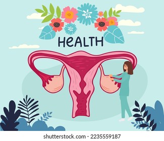 Female menstrual cycle. Female doctor tracking menstrual cycle. Vector illustration of female reproductive system.
