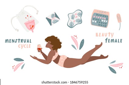 Female menstrual cycle. Eco protection for woman in critical days. Vector flat cartoon illustration on white background. Menstrual cup and menstrual calendar. Woman monthly periods.